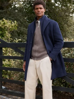 Next Bleu marine - Signature Manteau en laine richement rembourré en tissu italien doux au toucher Col cheminée Coat