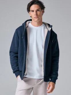 Next Bleu marine - Sweat à capuche zippé doublé en polaire en peau de mouton