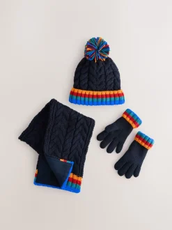 Next - Ensemble chapeau, écharpe et gants 3 pièces (3-16ans) Bleu marine avec côte arc-en-ciel Best