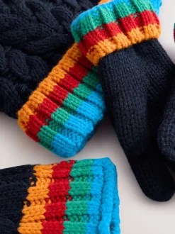 Next - Ensemble chapeau, écharpe et gants 3 pièces (3-16ans) Bleu marine avec côte arc-en-ciel Best