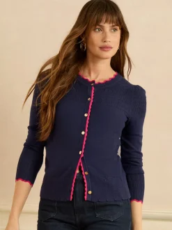 Love & Roses - Cardigan en maille Bleu marine et rose festonné Discount