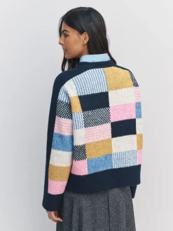 Next - Pull en maille à col rond en laine Bleu marine multicolore patché Hot