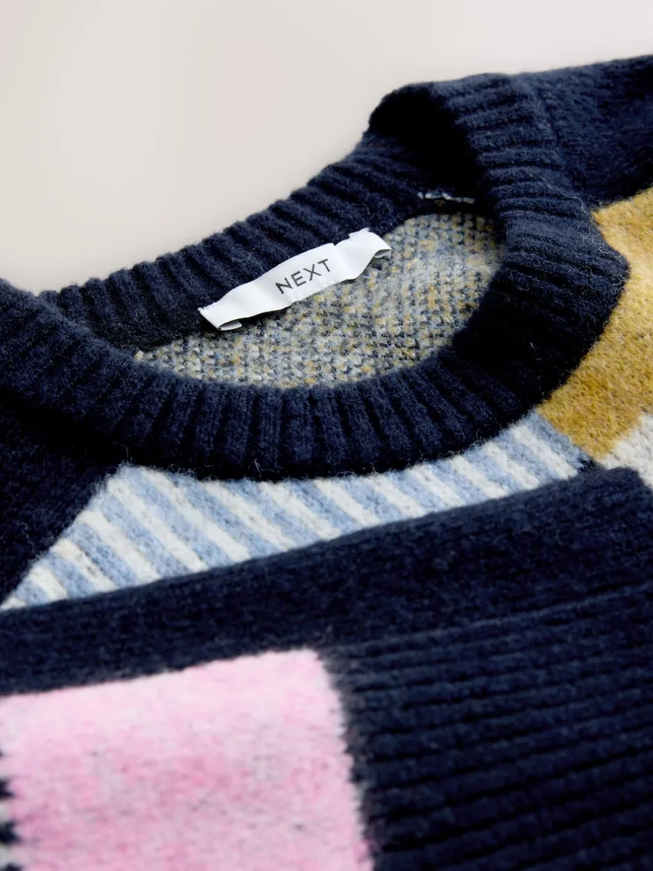 Next - Pull en maille à col rond en laine Bleu marine multicolore patché Hot