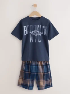 Next Bleu marine/gris universitaire - Carreaux Pyjamas courts tissés 2 Lot de (4-16ans) Clearance