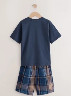 Next Bleu marine/gris universitaire - Carreaux Pyjamas courts tissés 2 Lot de (4-16ans) Clearance