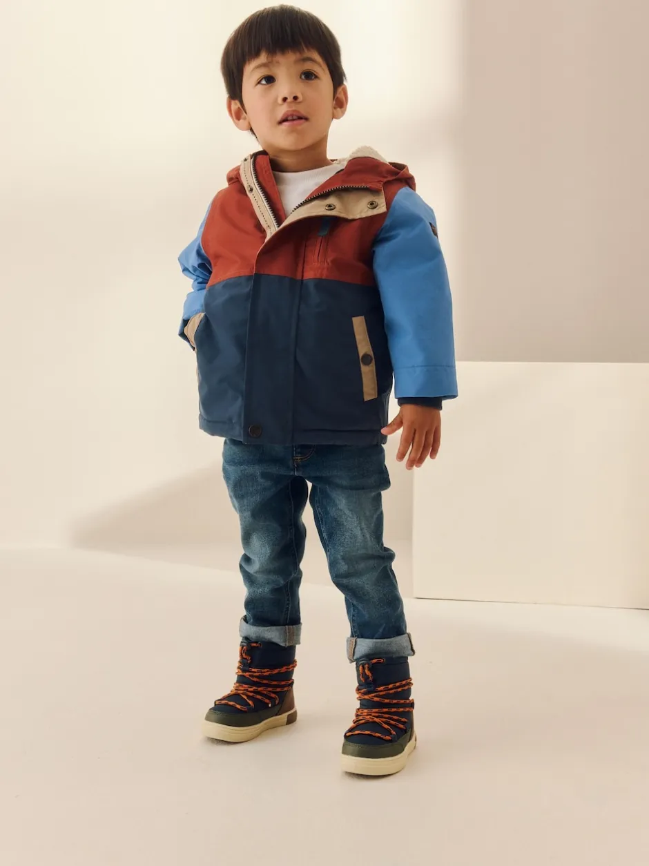 Next - Parka imperméable doublée de borg (3mois-7ans) Bleu marine/Rouge color block Clearance