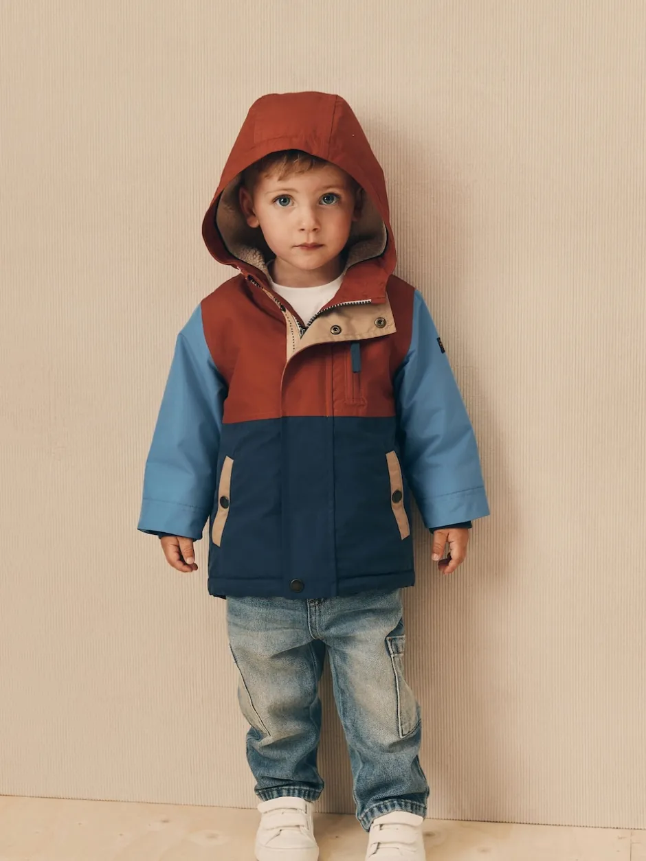Next - Parka imperméable doublée de borg (3mois-7ans) Bleu marine/Rouge color block Clearance