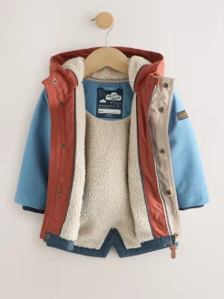 Next - Parka imperméable doublée de borg (3mois-7ans) Bleu marine/Rouge color block Clearance