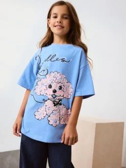Next - T-shirt oversize imprimé graphique (3-16ans) Bleu motif caniche Discount