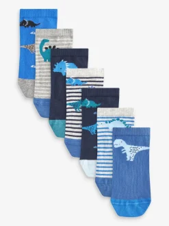Next - Paquet de chaussettes de sport en coton riche 7 Bleu motif dinosaure New
