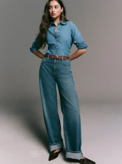 Next Bleu moyen - Chemise en denim ajustée à manches longues à taille cintrée Discount