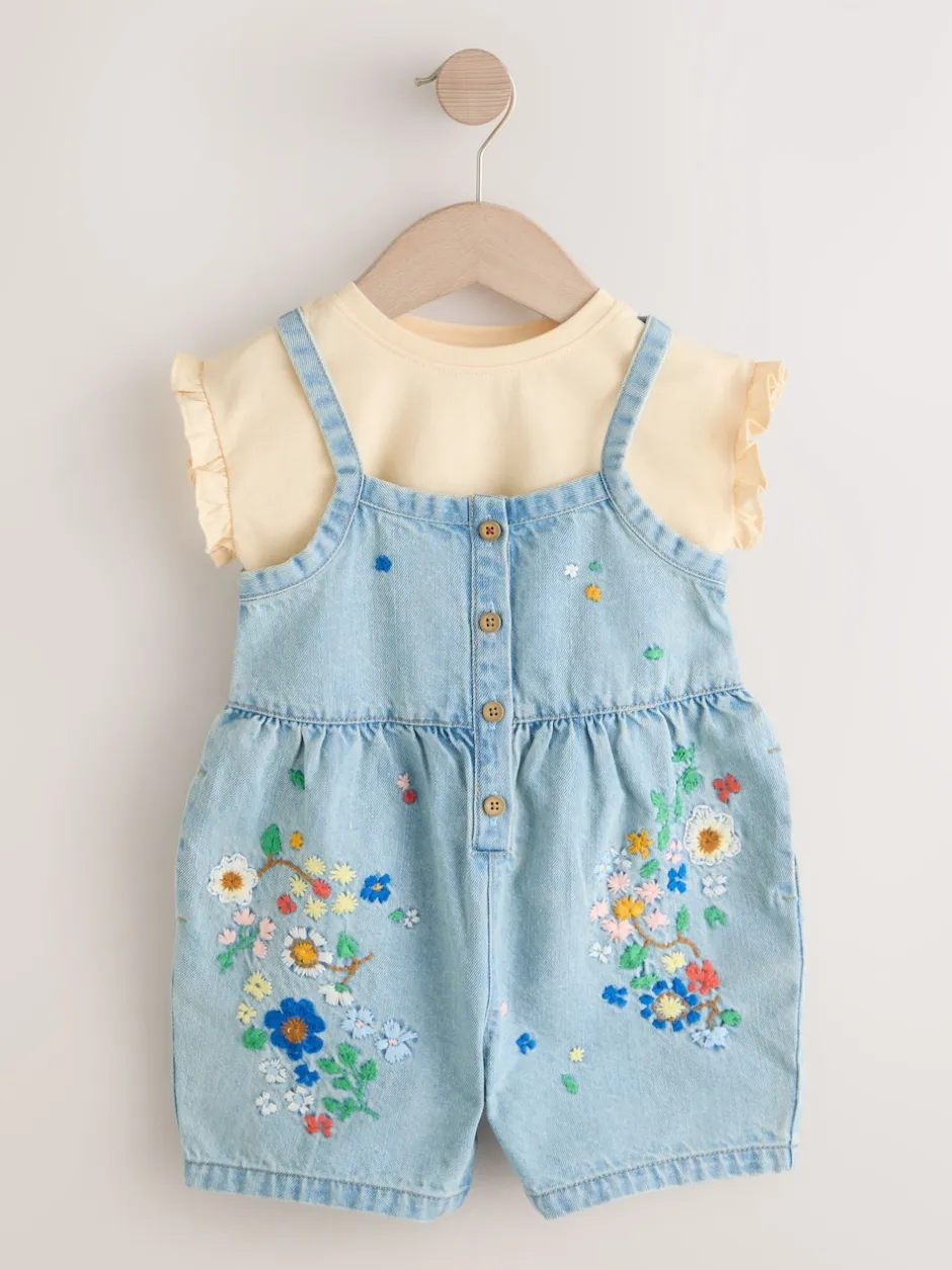 Next Bleu moyen - Combinaison et t-shirt Denim brodé Fleuri (3mois-7ans) Best