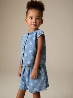 Next Bleu moyen - Ensemble gilet et Shorts Denim à pois (3mois-7ans) Clearance