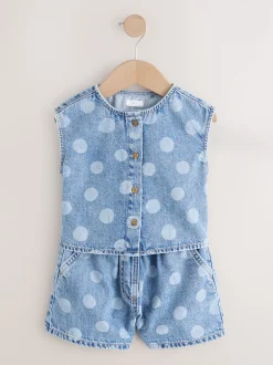Next Bleu moyen - Ensemble gilet et Shorts Denim à pois (3mois-7ans) Clearance