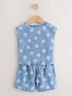 Next Bleu moyen - Ensemble gilet et Shorts Denim à pois (3mois-7ans) Clearance