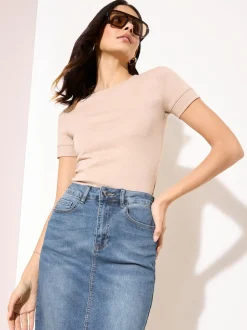 Friends Like These Bleu moyen - Jupe mi-longue en jean fendue sur le devant Hot