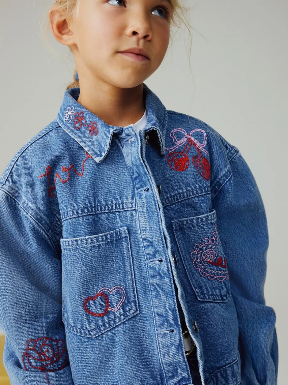 Next Bleu moyen - Veste-chemise Denim Brodé Cœur (3-16ans) Outlet