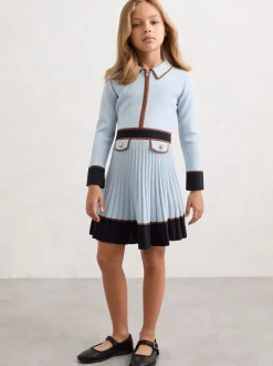 Reiss bleu pâle - Robe Anne plissée en maille à liserés Outlet