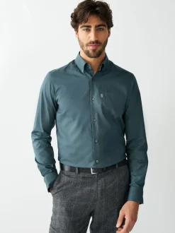 Next - Slim Fit (Slim Fit) - Chemises Oxford boutonnées Easy Iron Bleu pétrole Best