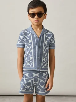 Reiss BLeu tendre/blanc - Short Vounder en tissu éponge à motif abstrait Online