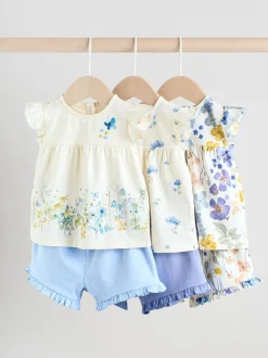 Next Bleu/blanc à fleurs - Ensemble t-shirt et short à volants bébé 6 pièces (0mois-2ans) Discount