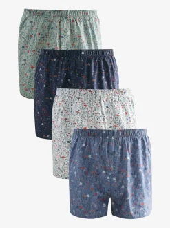 Next - Lot de 4 - Boxers purs tissés Bleu/Blanc/Vert Fleuri  Outlet