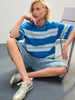 Next - T-shirt oversize décontracté boxy épais à col ras du cou Bleu/Bleu clair Sale