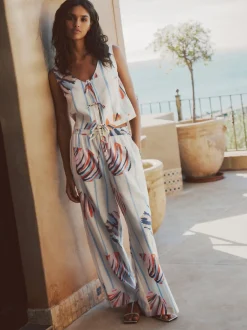 Next Bleu/Ecru - Pantalons à jambe large à enfiler avec lin Sale