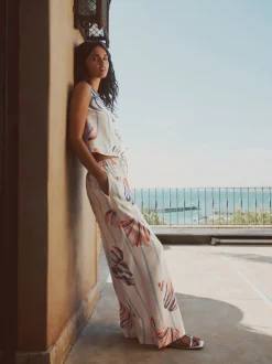 Next Bleu/Ecru - Pantalons à jambe large à enfiler avec lin Sale