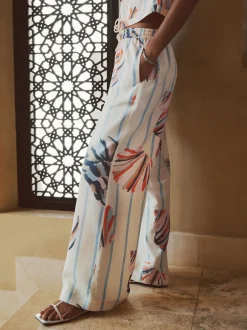 Next Bleu/Ecru - Pantalons à jambe large à enfiler avec lin Sale