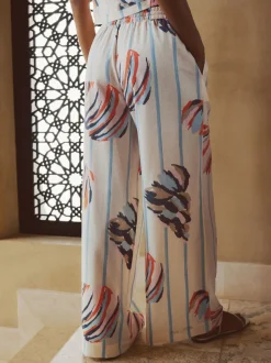 Next Bleu/Ecru - Pantalons à jambe large à enfiler avec lin Sale