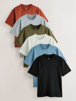 Next - Ajustement régulier - Lot de t-shirts essentiels en coton 6 Bleu/Noir/Orange/Vert/Gris/Blanc écru Outlet