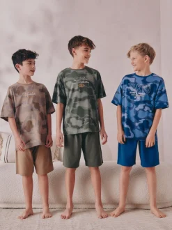 Next - Pyjama court 3 Pack (3-16ans) Bleu/Vert camouflage Outlet