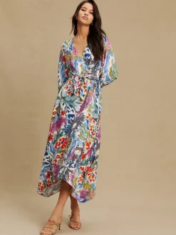 Next Bleu/Vert Fleuri Imprimé - Robe mi-longue à manches longues ceinturée à la taille Best