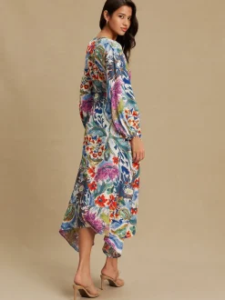 Next Bleu/Vert Fleuri Imprimé - Robe mi-longue à manches longues ceinturée à la taille Best