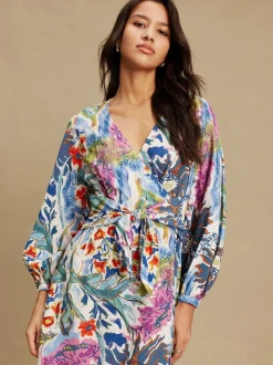 Next Bleu/Vert Fleuri Imprimé - Robe mi-longue à manches longues ceinturée à la taille Best