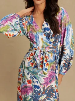 Next Bleu/Vert Fleuri Imprimé - Robe mi-longue à manches longues ceinturée à la taille Best