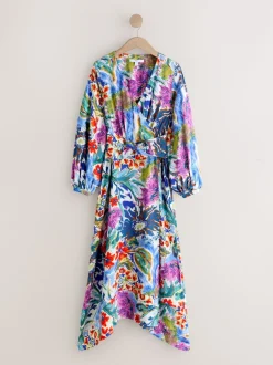 Next Bleu/Vert Fleuri Imprimé - Robe mi-longue à manches longues ceinturée à la taille Best