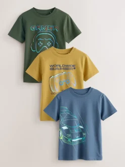 Next - T-shirts à manches courtes à imprimé graphique coupe standard Lot de 3 (3à16ans) Bleu/Vert/Jaune Clearance
