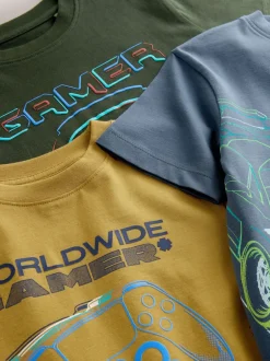 Next - T-shirts à manches courtes à imprimé graphique coupe standard Lot de 3 (3à16ans) Bleu/Vert/Jaune Clearance