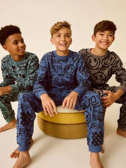 Next - Lot de 3 pyjamas à manches longues (3-16ans) Bleu/Vert/Neutre Personnage Hot