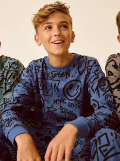 Next - Lot de 3 pyjamas à manches longues (3-16ans) Bleu/Vert/Neutre Personnage Hot