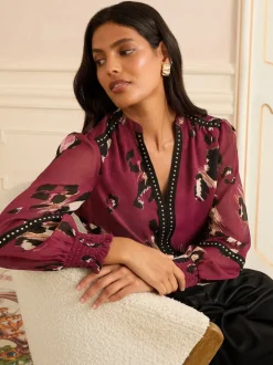 Love & Roses Bordeaux imprimé animal - Chemisier imprimé à encolure crantée Best