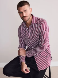 Next Bordeaux rouge rayé - Chemise Signature à manchette simple 100% coton Online