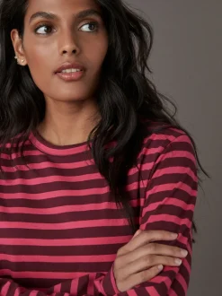 Next - T-shirt à manches longues de cou d'équipage Bordeaux rouge rayé Clearance