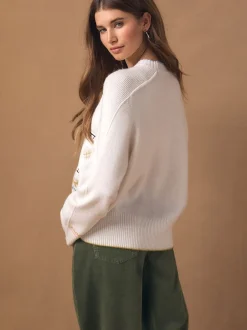 Next - Pull en maille à col rond en laine Brodé écru Best