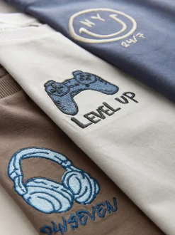 Next Broderie gris/bleu/marron - Lot de 3 T-shirts graphiques à manches longues (3-16ans) New