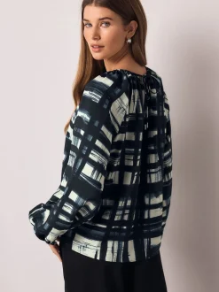 Next Carreaux bleu marine/écru - Chemisier décontracté à manches longues avec trou de serrure Discount