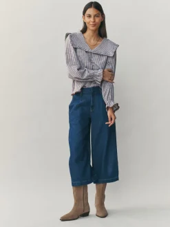 Next Carreaux bleux/marron - Chemisier à manches longues et col oversize Online