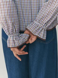 Next Carreaux bleux/marron - Chemisier à manches longues et col oversize Online